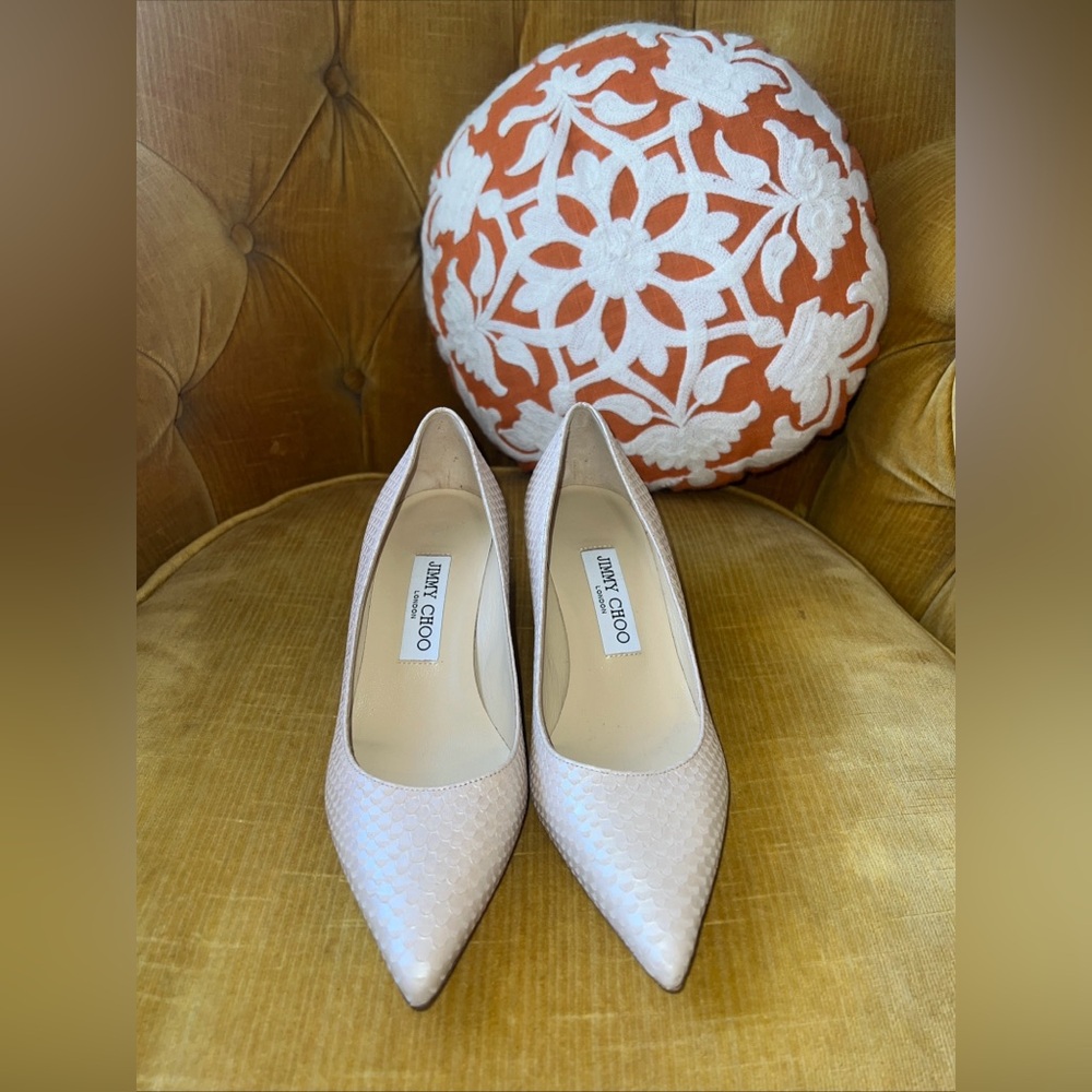 Jimmy Choo Aza Kitten Heel In Nude  Snake-Like Embossed Leather Finish 36 1/2
